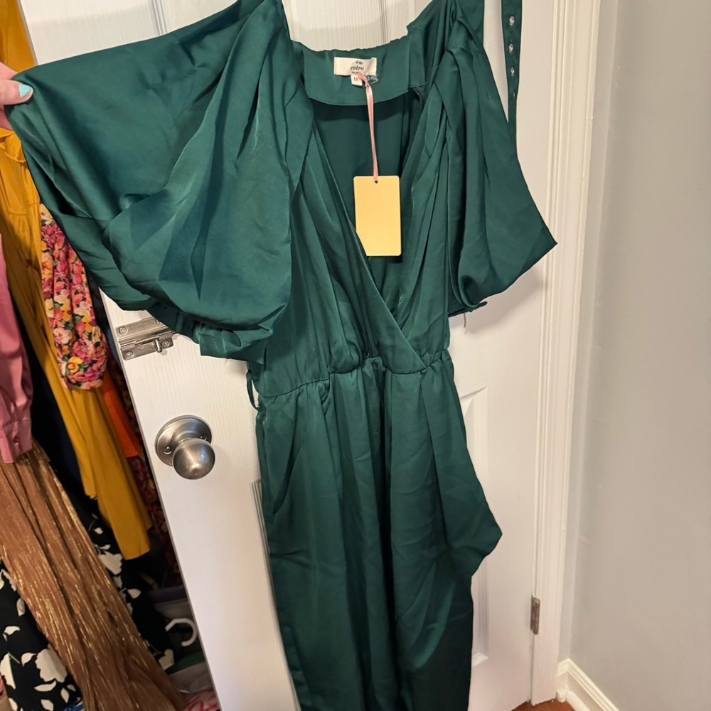 Brand new, never worn green satin dress with belt
